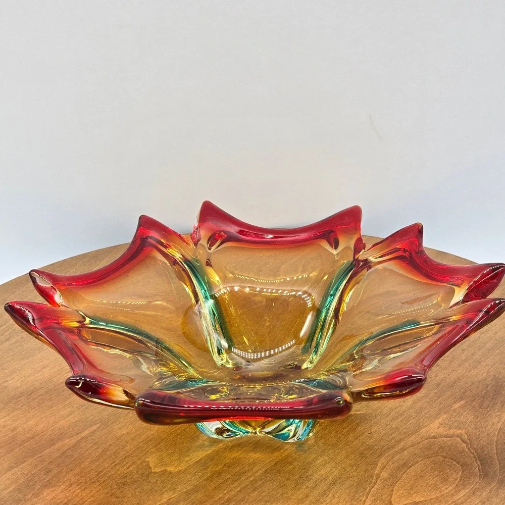 MCM 60s Murano Hand-Blown Glass Bowl Red Amber Teal Sommerso Starburst‎ 10 inch